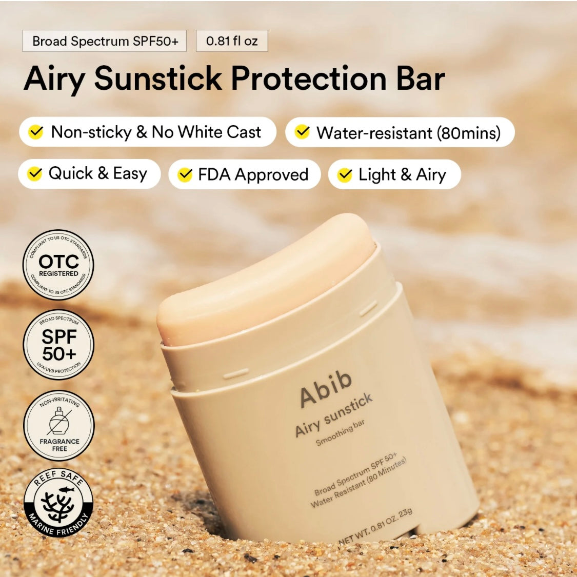 Abib Airy Sun Stick Smoothing Bar SPF 50+ (0.81 oz)